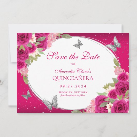 Bloemroze zilveren Tiara Butterfly Quinceanera Save The Date (Voorkant)
