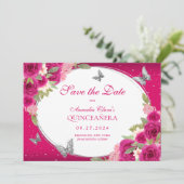 Bloemroze zilveren Tiara Butterfly Quinceanera Save The Date (Staand voorkant)