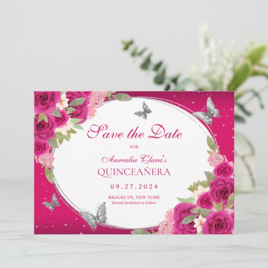 Bloemroze zilveren Tiara Butterfly Quinceanera Save The Date (Staand voorkant)