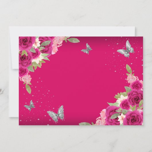 Bloemroze zilveren Tiara Butterfly Quinceanera Save The Date (Achterkant)