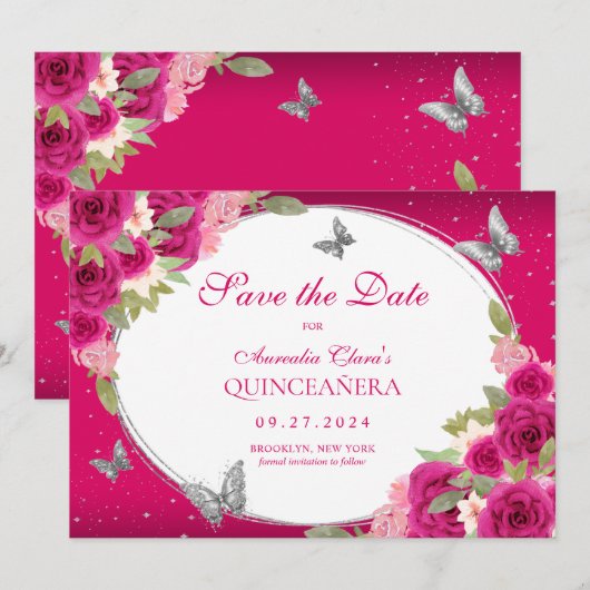 Bloemroze zilveren Tiara Butterfly Quinceanera Save The Date (Voorkant / Achterkant)