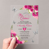 Bloemroze Zilveren Tiara Vlinder Mis Quinceañera Acryl Uitnodigingen (Insitu (Draagbaar))