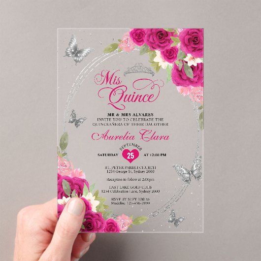 Bloemroze Zilveren Tiara Vlinder Mis Quinceañera Acryl Uitnodigingen (Insitu (Draagbaar))