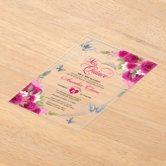 Bloemroze Zilveren Tiara Vlinder Mis Quinceañera Acryl Uitnodigingen (Laagn)
