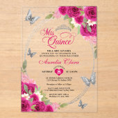 Bloemroze Zilveren Tiara Vlinder Mis Quinceañera Acryl Uitnodigingen (Voorkant)