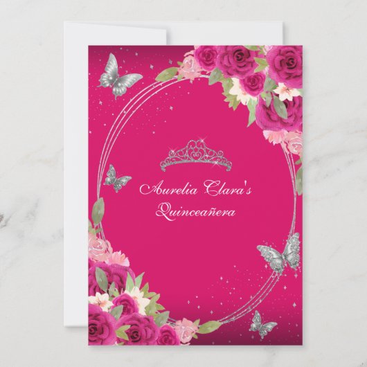 Bloemroze Zilveren Tiara Vlinder Mis Quinceañera Kaart (Achterkant)