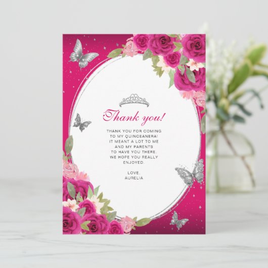 Bloemroze zilveren vlinder Quinceañera foto Bedankkaart (Staand voorkant)