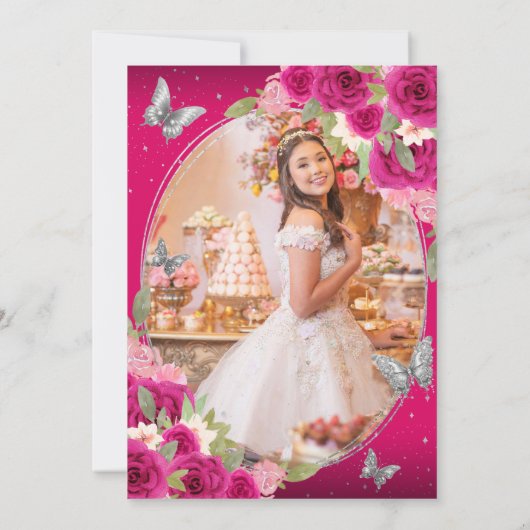 Bloemroze zilveren vlinder Quinceañera foto Bedankkaart (Achterkant)