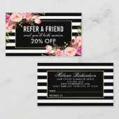 Bloemroze zwart en wit gestreepte verwijzing visitekaartje (Voorkant / Achterkant)