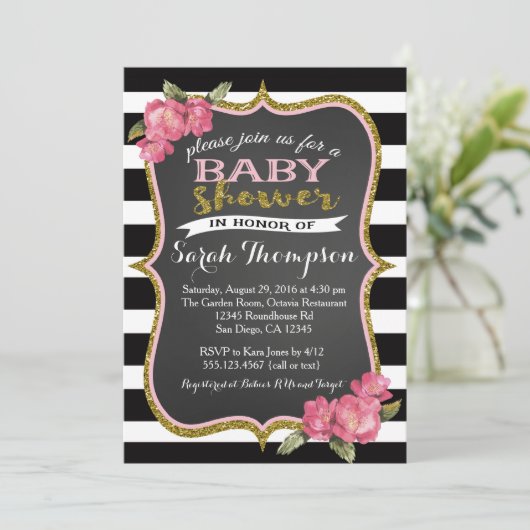 Bloemroze zwart-wit Baby shower uitnodiging (Staand voorkant)