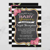 Bloemroze zwart-wit Baby shower uitnodiging (Voorkant / Achterkant)