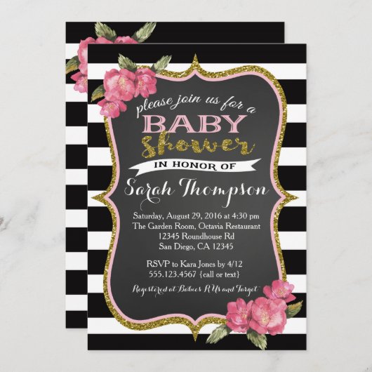 Bloemroze zwart-wit Baby shower uitnodiging (Voorkant / Achterkant)