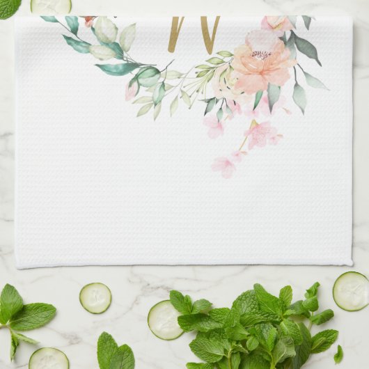 Bloemrozen Gouden Script Monogram Theedoek (Gevouwen)