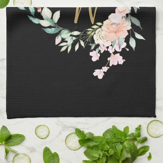 Bloemrozen Script Monogram Goud Zwart Theedoek (Gevouwen)