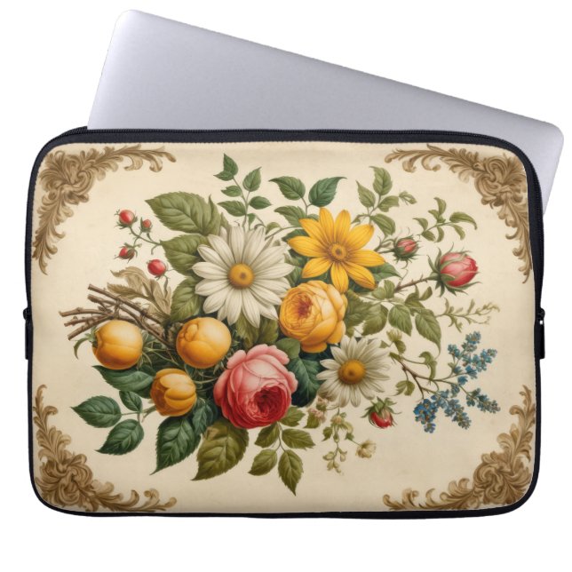  bloemsamenstelling op perkament laptop sleeve (Voorkant)