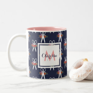 Bloemschaar - Navy Blue & Pink Monogram Tweekleurige Koffiemok