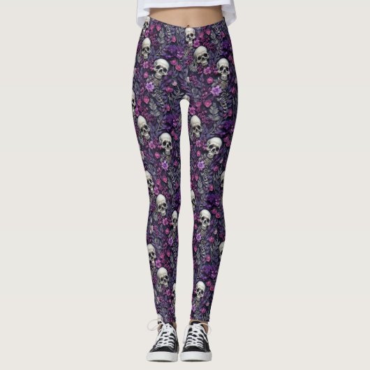 Bloemschedels Paarse bloemen Gotische Leggings (Voorkant)