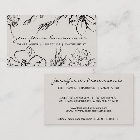 Bloemschets Beige Beige Handtekening botanisch Visitekaartje (Voorkant / Achterkant)