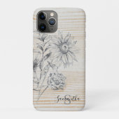 Bloemschets op Faux Wood Achtergrond Monogram Case-Mate iPhone Case (Achterkant)