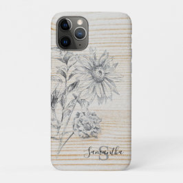 Bloemschets op Faux Wood Achtergrond Monogram Case-Mate iPhone Case