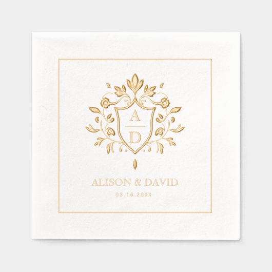 Bloemschild kam monogram, grens bruiloft goud folie servetten (Voorkant)