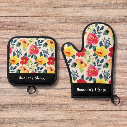 Bloemschildering Groen Script Gepersonaliseerd Ges Ovenwant & Pannenlap Set