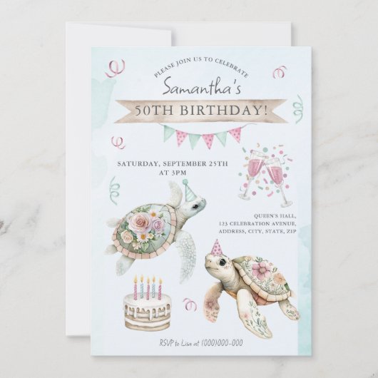 Bloemschildpad verjaardagsfeestje uitnodiging (Voorkant)