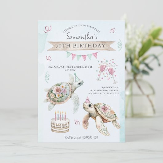 Bloemschildpad verjaardagsfeestje uitnodiging (Staand voorkant)