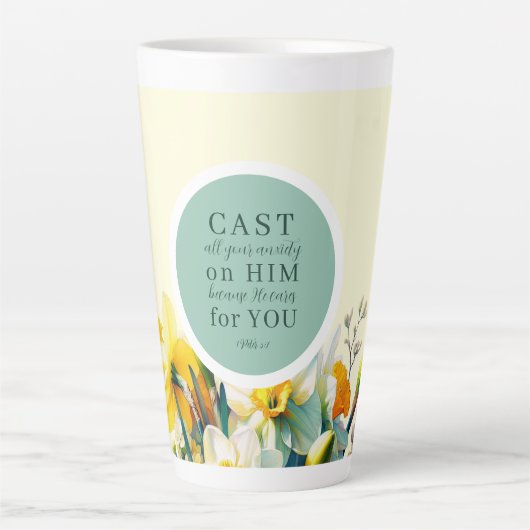 Bloemschrift 1 Petrus 5:7 Latte mok (Voorkant)
