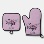 Bloemschrift Paarse Bloom gepersonaliseerd Ovenwant & Pannenlap Set (Voorkant)