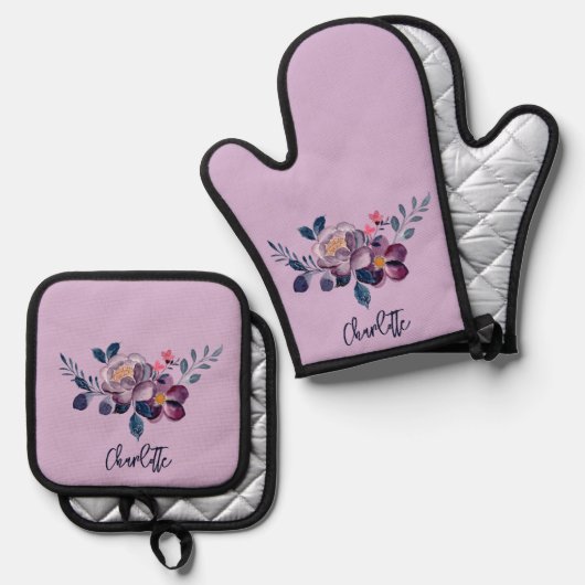 Bloemschrift Paarse Bloom gepersonaliseerd Ovenwant & Pannenlap Set (Voorkant / Achterkant)