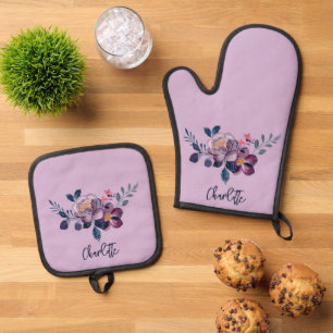 Bloemschrift Paarse Bloom gepersonaliseerd Ovenwant & Pannenlap Set