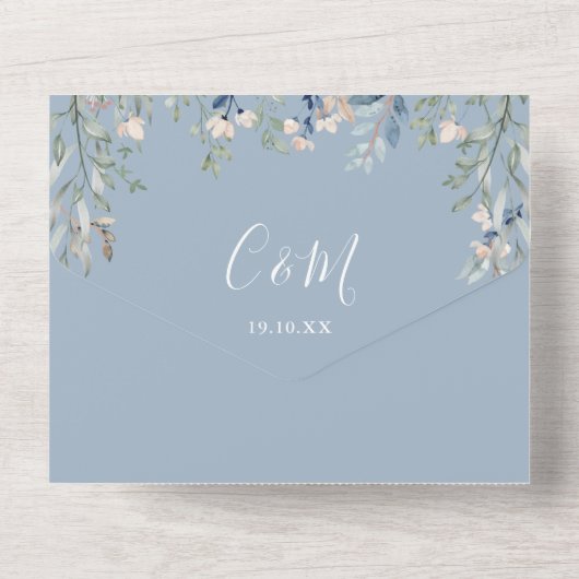 Bloemschrift QR Code Dusty Blue Wedding All In One Uitnodiging (Achterkant)