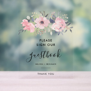 Bloemschrift Roze Waterverf Bruiloft Gastenboek Acryl Bord