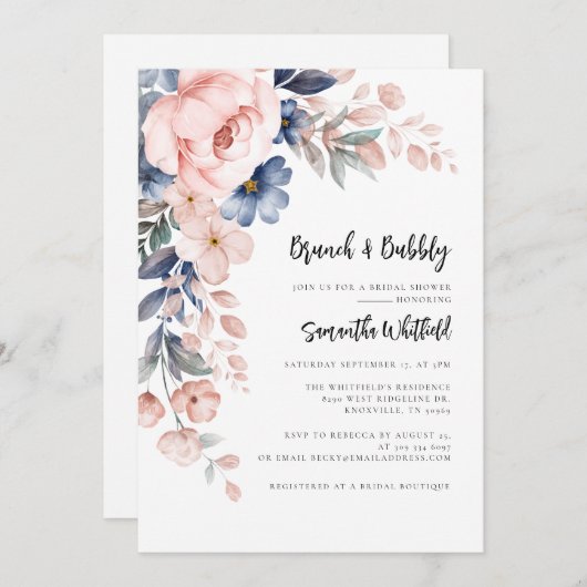 Bloemscript Bubbly en Brunch Vrijgezellenfeest Kaart (Voorkant / Achterkant)