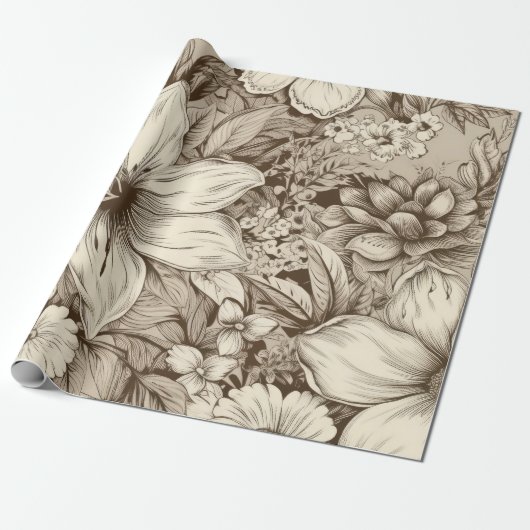  bloemsepiapatroon (3) cadeaupapier (Uitgerold)