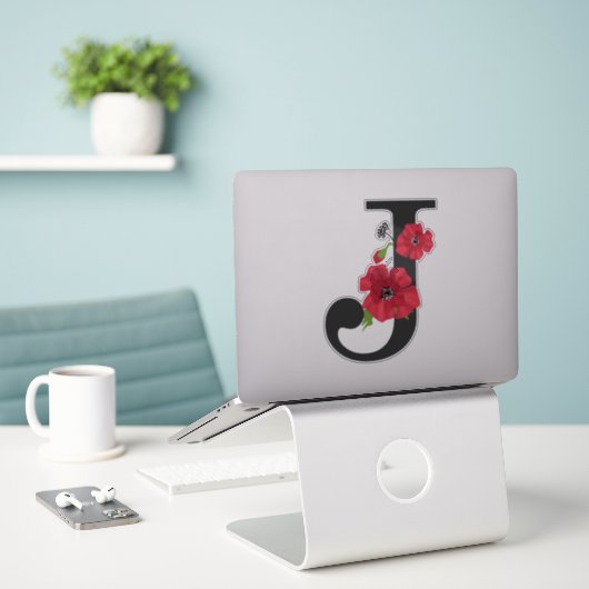 Bloemset, monogram J, letter J, bloemen, monogra Sticker (Laptop op bureau)