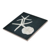 Bloemstaarvis Sanddollar Shells Navy Blue Wood Tegeltje (Zijkant)