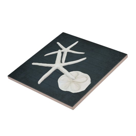 Bloemstaarvis Sanddollar Shells Navy Blue Wood Tegeltje (Zijkant)