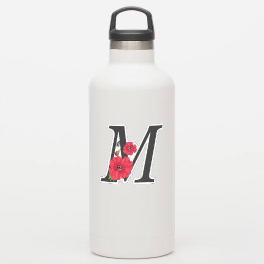 Bloemstel, monogram M, letter M, bloemen, monogra Sticker (Waterfles)