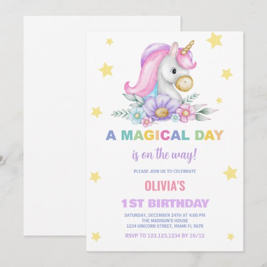 Bloemsterren Unicorns Verjaardag Uitnodigingen (Voorkant / Achterkant)