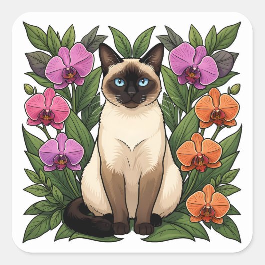 bloemstickers van een siamees kat vierkante sticker (Voorkant)