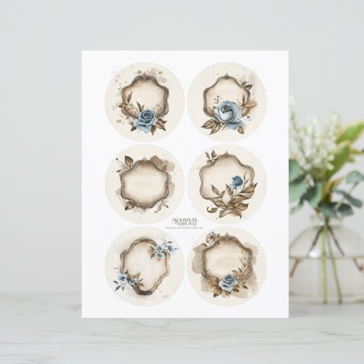  Bloemstof Dusty Blue Ephemera Labels Set (Staand voorkant)