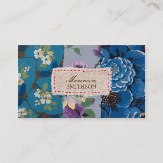 Bloemstof Patchwork (Blauw) Gepersonaliseerd Visitekaartje (Voorkant)