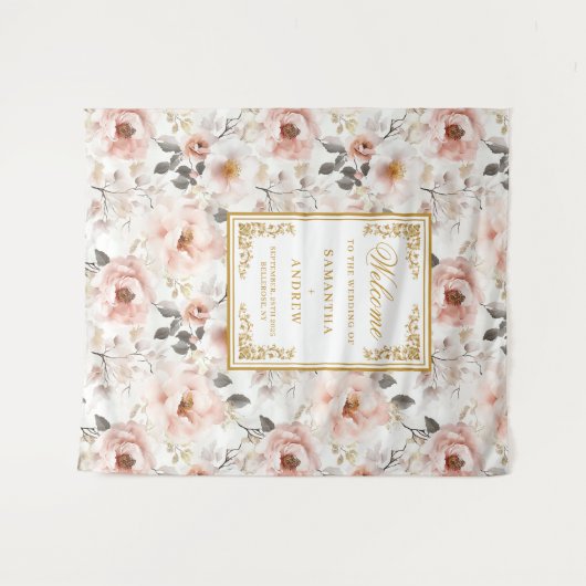 Bloemstof Roze Ivoor Goud Trouwbanner Wandkleed (Voorkant (horizontaal))