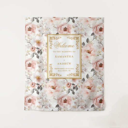 Bloemstof Roze Ivoor Goud Trouwbanner Wandkleed (Voorkant)