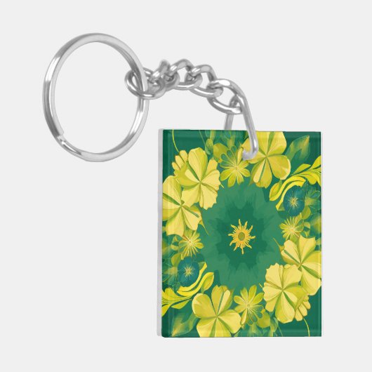 Bloemstraling: Geel & Groen Botanisch Patroon Sleutelhanger (Voorkant Links)