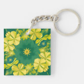 Bloemstraling: Geel & Groen Botanisch Patroon Sleutelhanger (Achterkant)