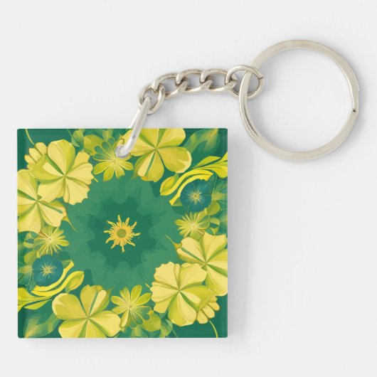 Bloemstraling: Geel & Groen Botanisch Patroon Sleutelhanger (Achterkant)