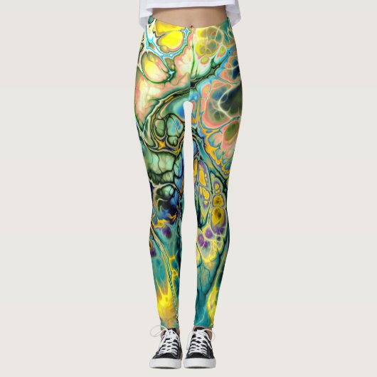 Bloemstroom FRACTAL BATIK Blauwgroen gele blauwe z Leggings (Voorkant)